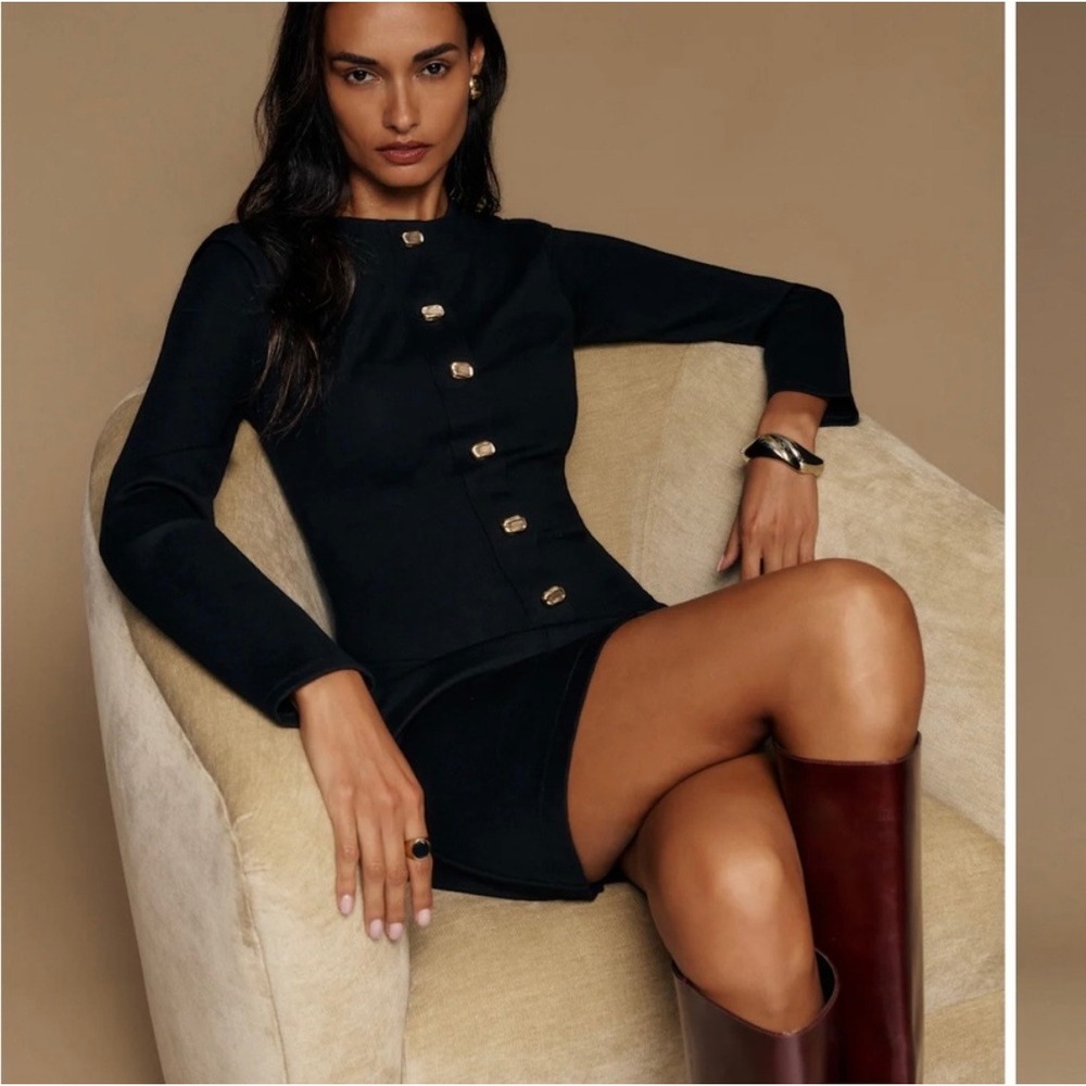 Reformation Black Mini Dress Long Sleeve Gold Button Front Career Evening Luxe